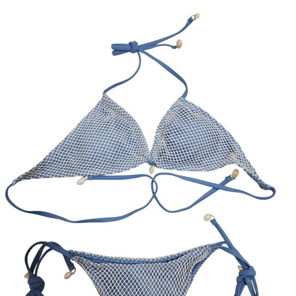 Blue & White Zaful Womens Bikini Set Size S Tie Closures Mesh Overlay Design - Picture 5 of 5